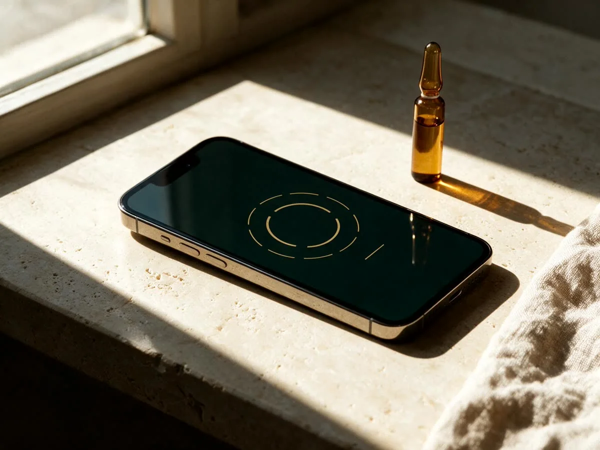 Celular exibindo o diagnóstico da prática médica sobre bancada de travertino, ao lado de uma ampola âmbar