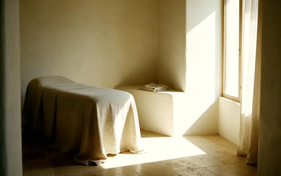 Sala de atendimento em luz natural, com maca em linho junto à janela