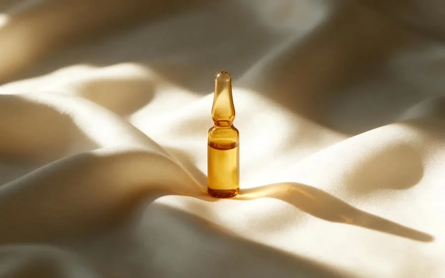 Uma única ampola âmbar sobre seda creme, em close